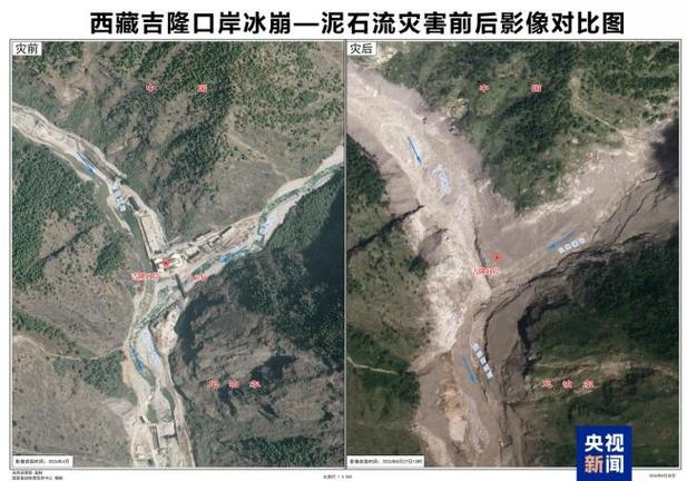 央视·吉隆口岸灾前灾后卫星对比图